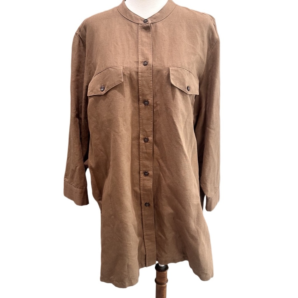 Women's Brown Button-Up 100% Linen Top Shirt Blouse Mandarin Collar EUC